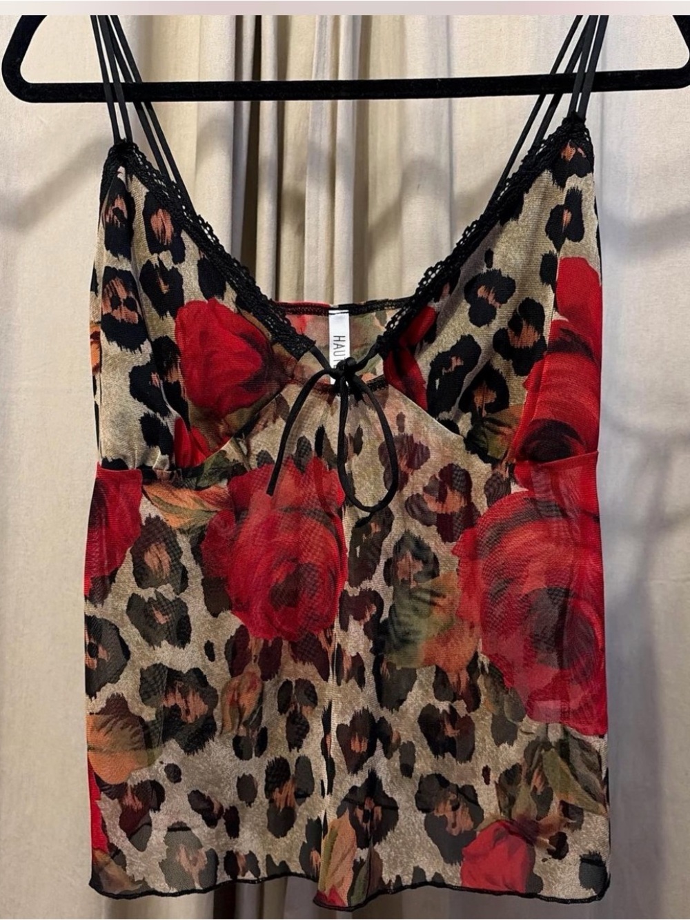H&M Red Floral & Leopard Print Lace-Trim Camisole